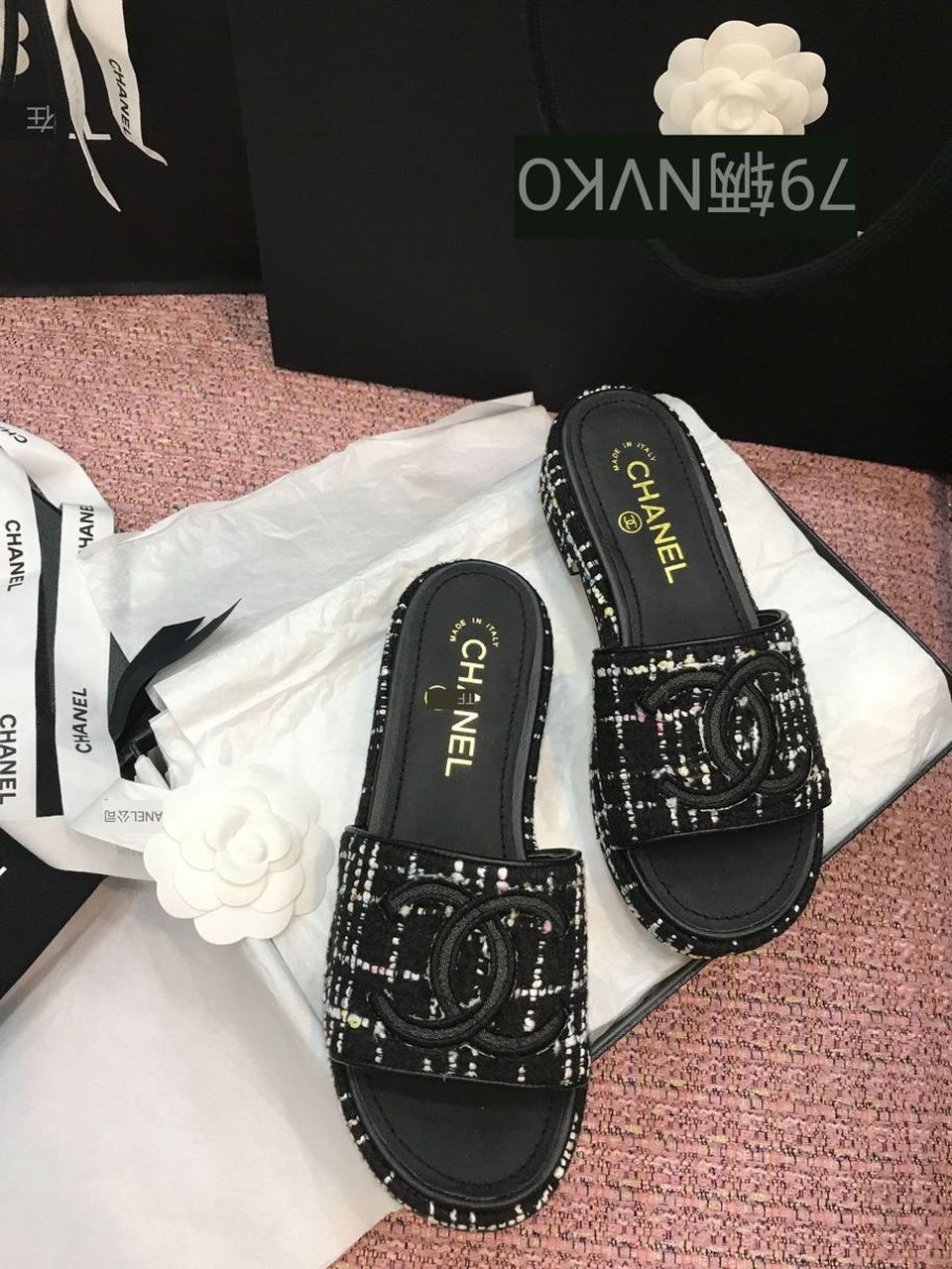 Chanel Tweed CC Logo Mule Sandals Calfskin Leather Spring/Summer Act 2 Collection Black
