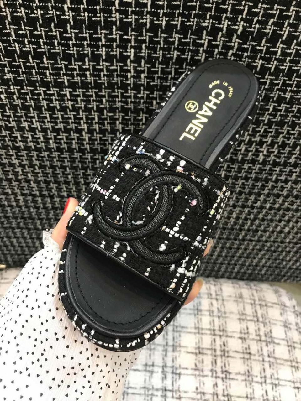 Chanel Tweed CC Logo Mule Sandals Calfskin Leather Spring/Summer Act 2 Collection Black