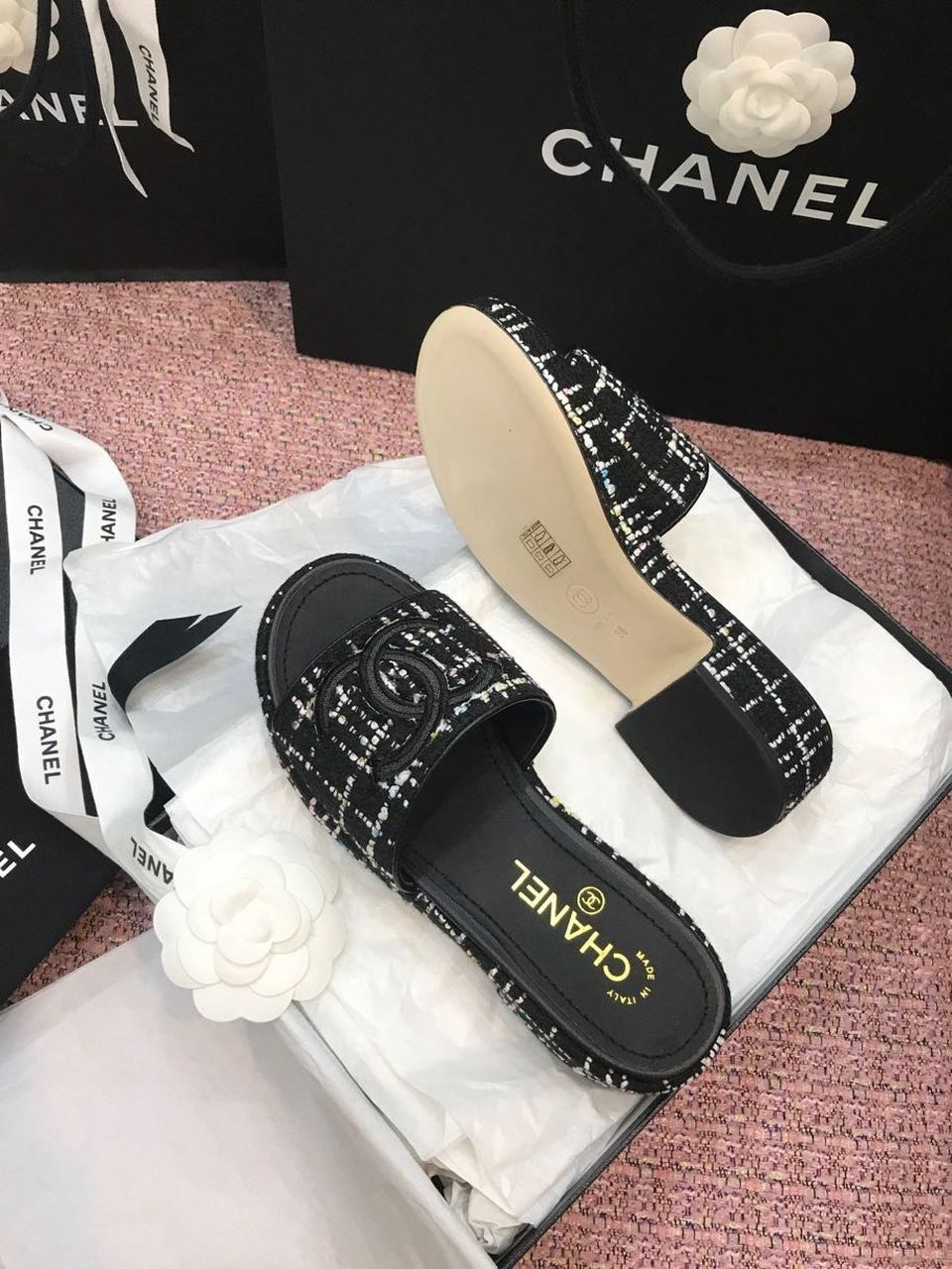 Chanel Tweed CC Logo Mule Sandals Calfskin Leather Spring/Summer Act 2 Collection Black