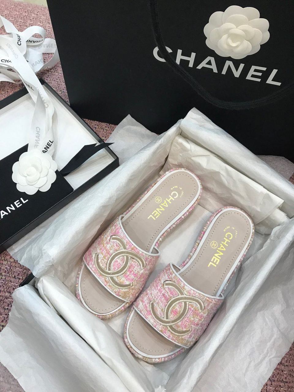 Chanel Tweed CC Logo Mule Sandals Calfskin Leather Spring/Summer Act 2 Collection Light Pink