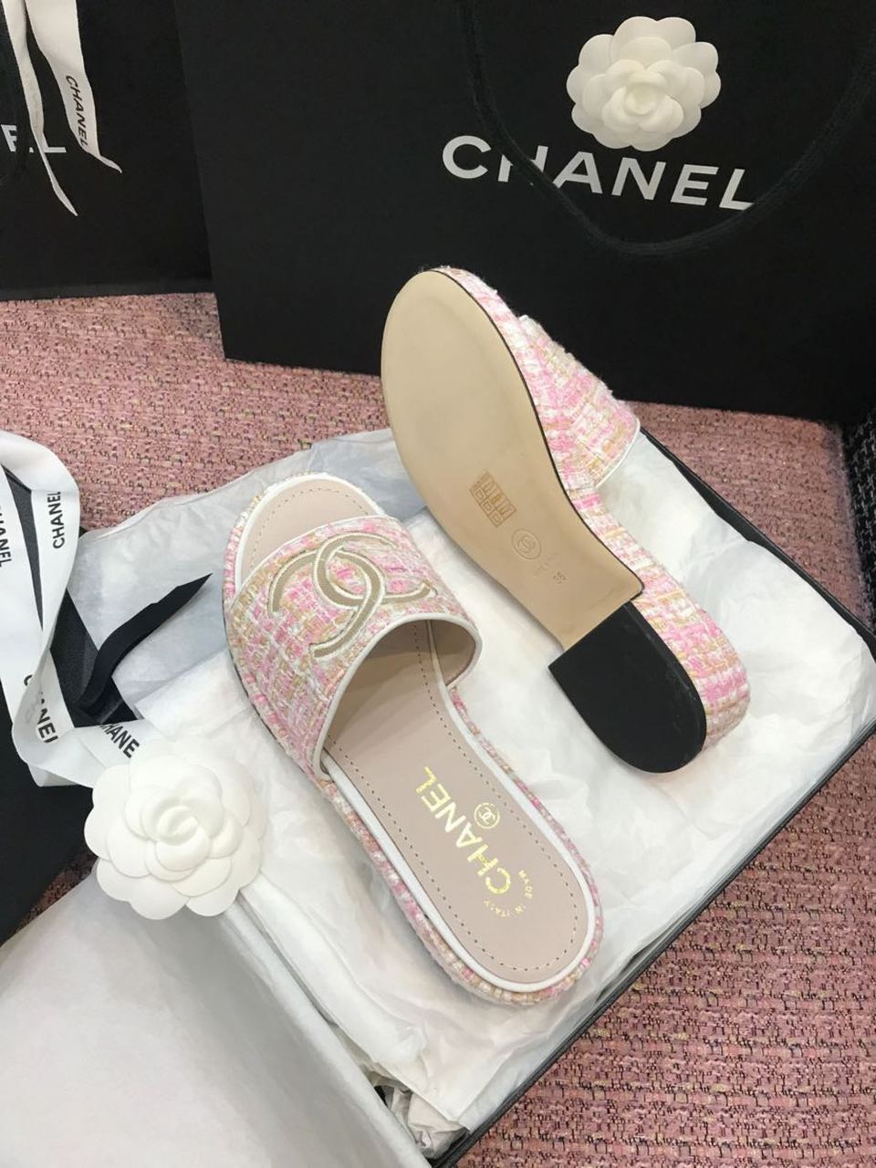 Chanel Tweed CC Logo Mule Sandals Calfskin Leather Spring/Summer Act 2 Collection Light Pink
