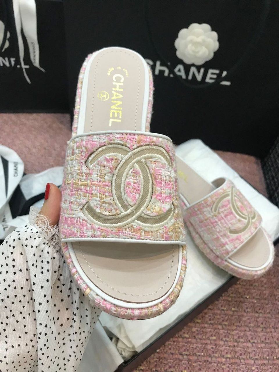 Chanel Tweed CC Logo Mule Sandals Calfskin Leather Spring/Summer Act 2 Collection Light Pink