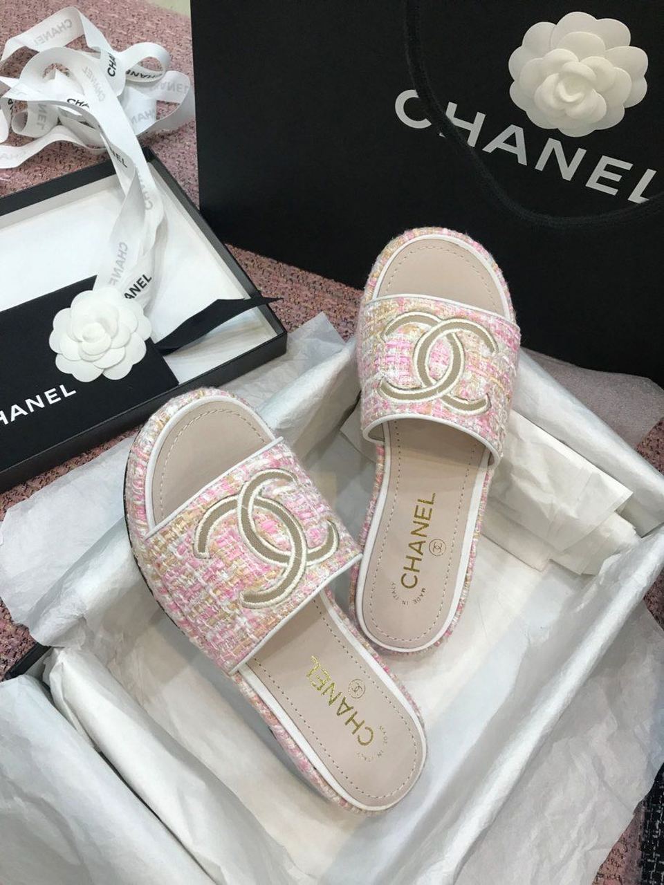 Chanel Tweed CC Logo Mule Sandals Calfskin Leather Spring/Summer Act 2 Collection Light Pink
