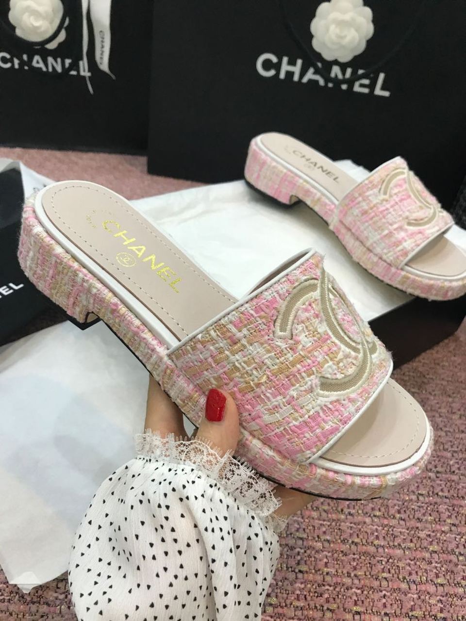 Chanel Tweed CC Logo Mule Sandals Calfskin Leather Spring/Summer Act 2 Collection Light Pink