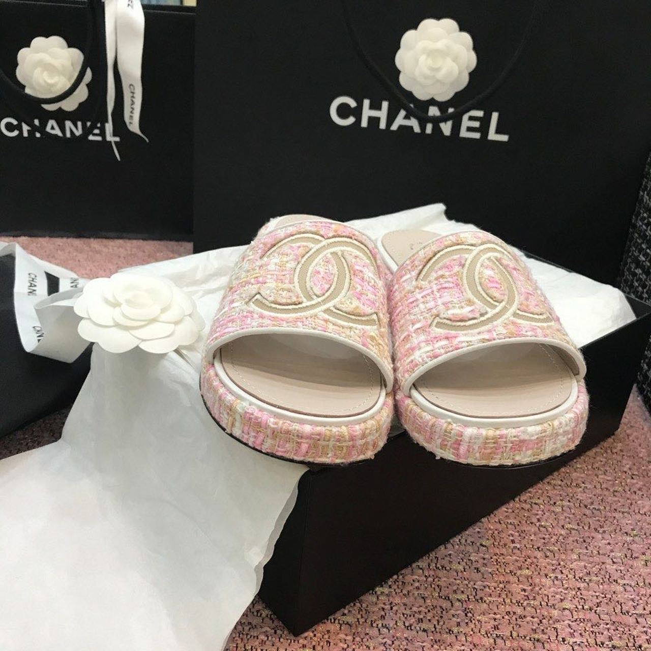 Chanel Tweed CC Logo Mule Sandals Calfskin Leather Spring/Summer Act 2 Collection Light Pink