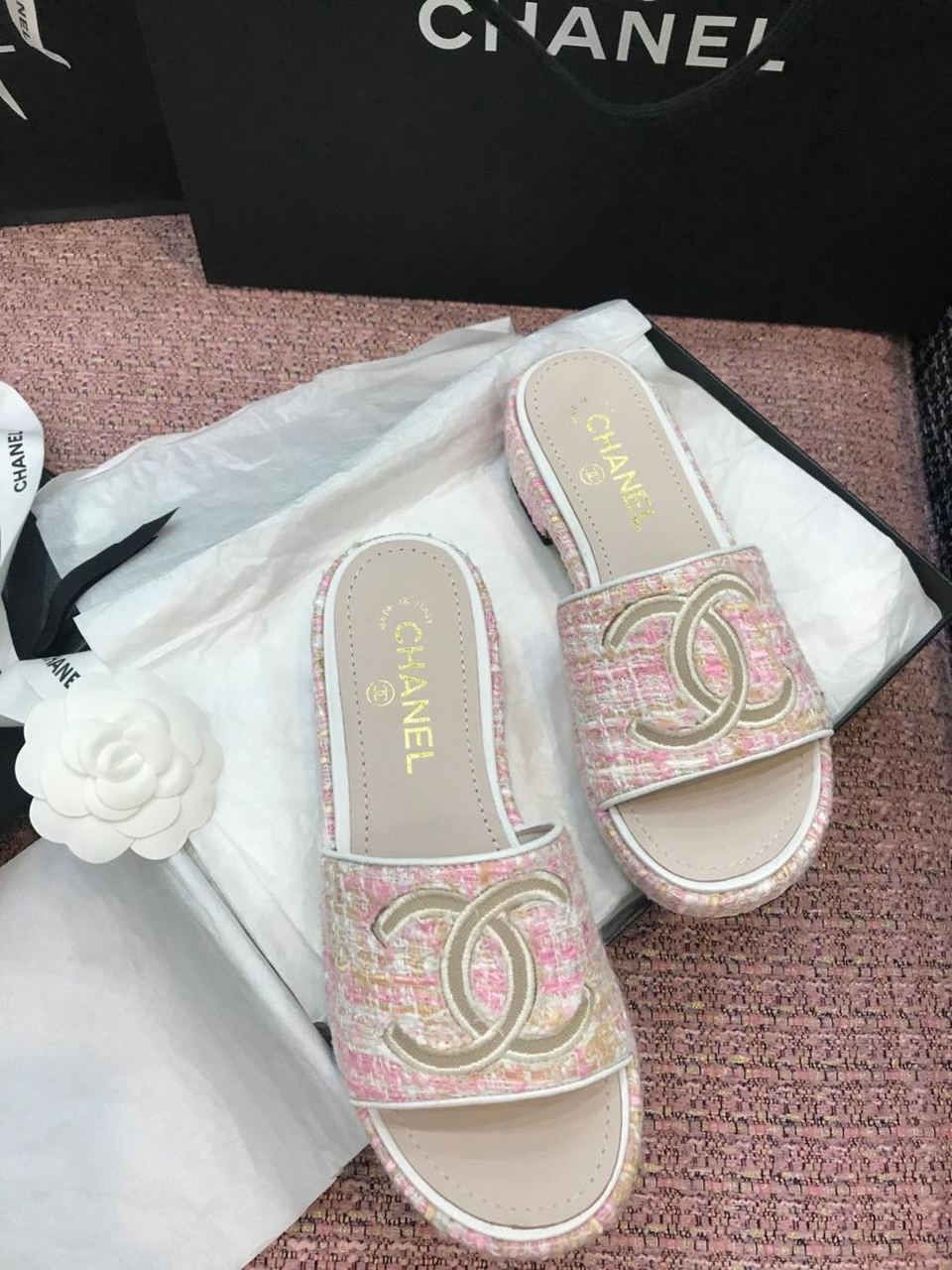 Chanel Tweed CC Logo Mule Sandals Calfskin Leather Spring/Summer Act 2 Collection Light Pink