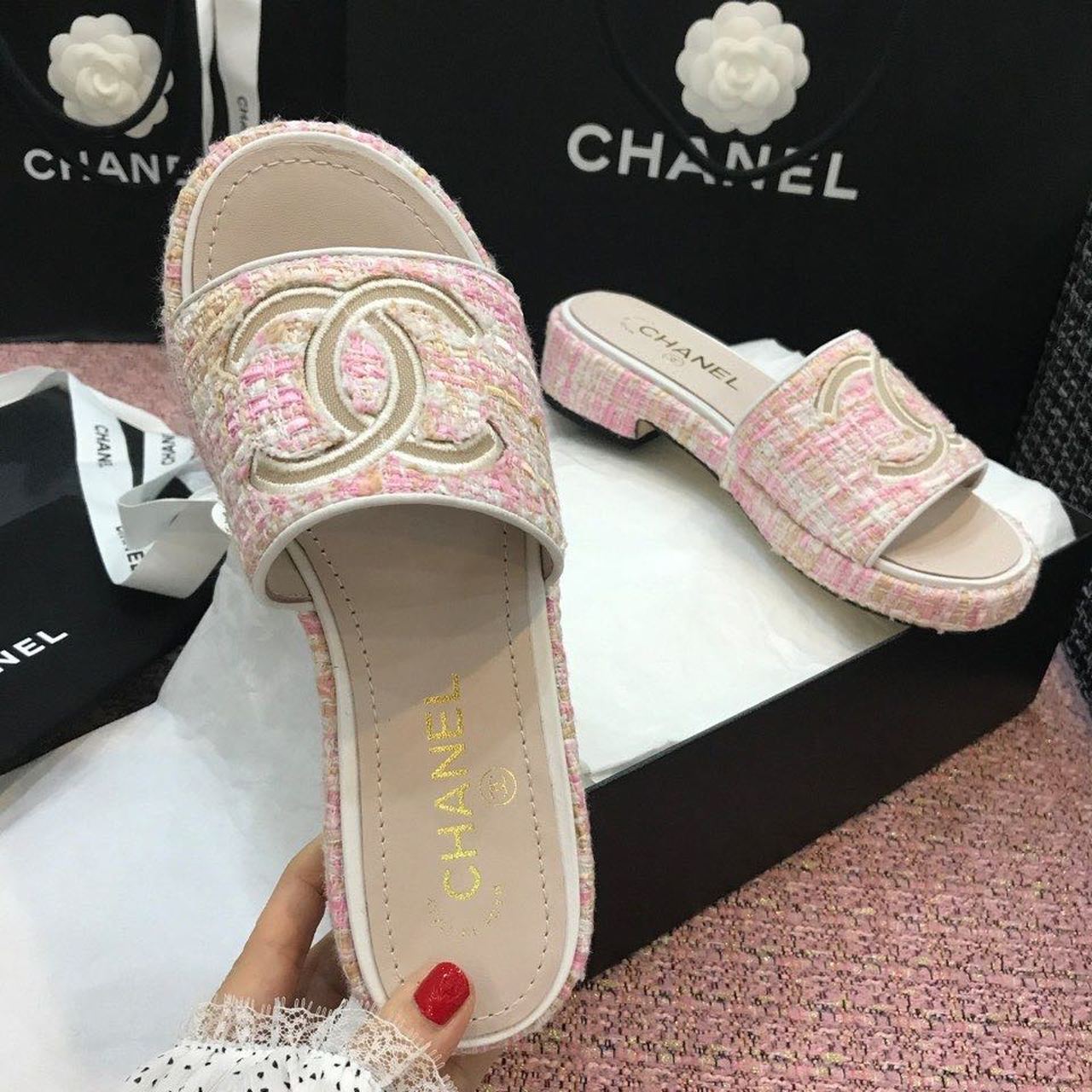 Chanel Tweed CC Logo Mule Sandals Calfskin Leather Spring/Summer Act 2 Collection Light Pink