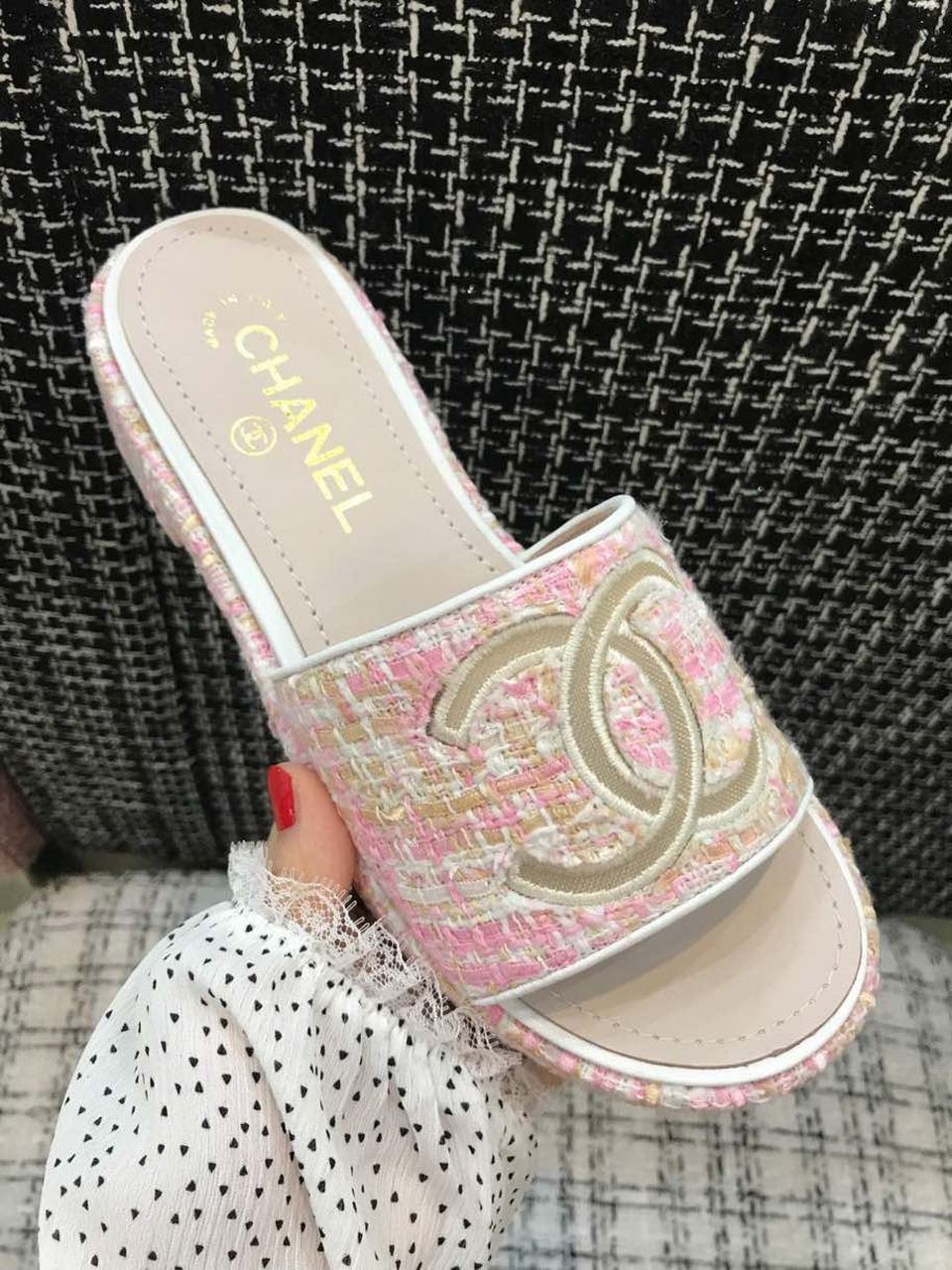 Chanel Tweed CC Logo Mule Sandals Calfskin Leather Spring/Summer Act 2 Collection Light Pink