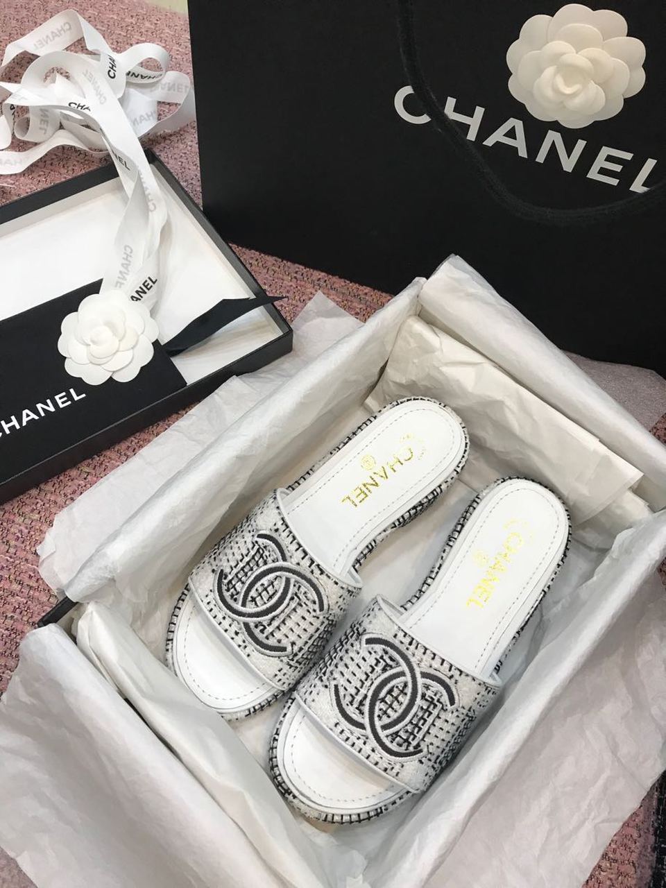 Chanel Tweed CC Logo Mule Sandals Calfskin Leather Spring/Summer Act 2 Collection, White/Gray