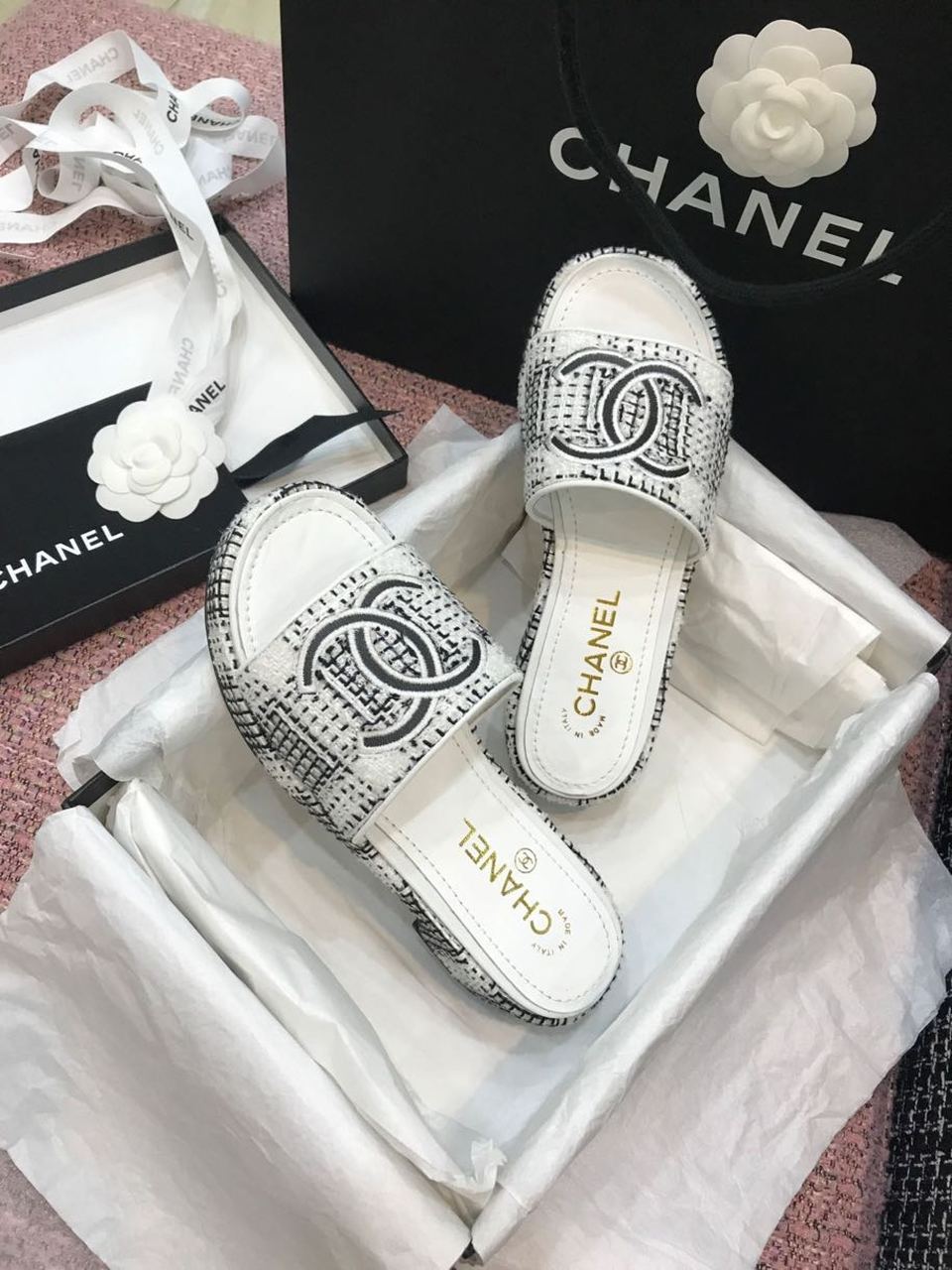 Chanel Tweed CC Logo Mule Sandals Calfskin Leather Spring/Summer Act 2 Collection, White/Gray