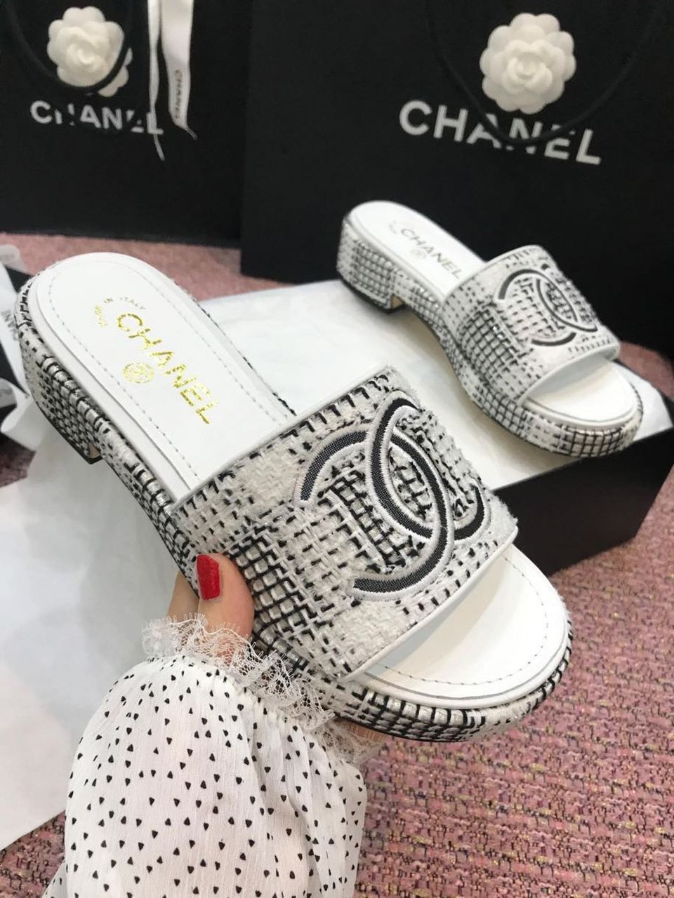 Chanel Tweed CC Logo Mule Sandals Calfskin Leather Spring/Summer Act 2 Collection, White/Gray