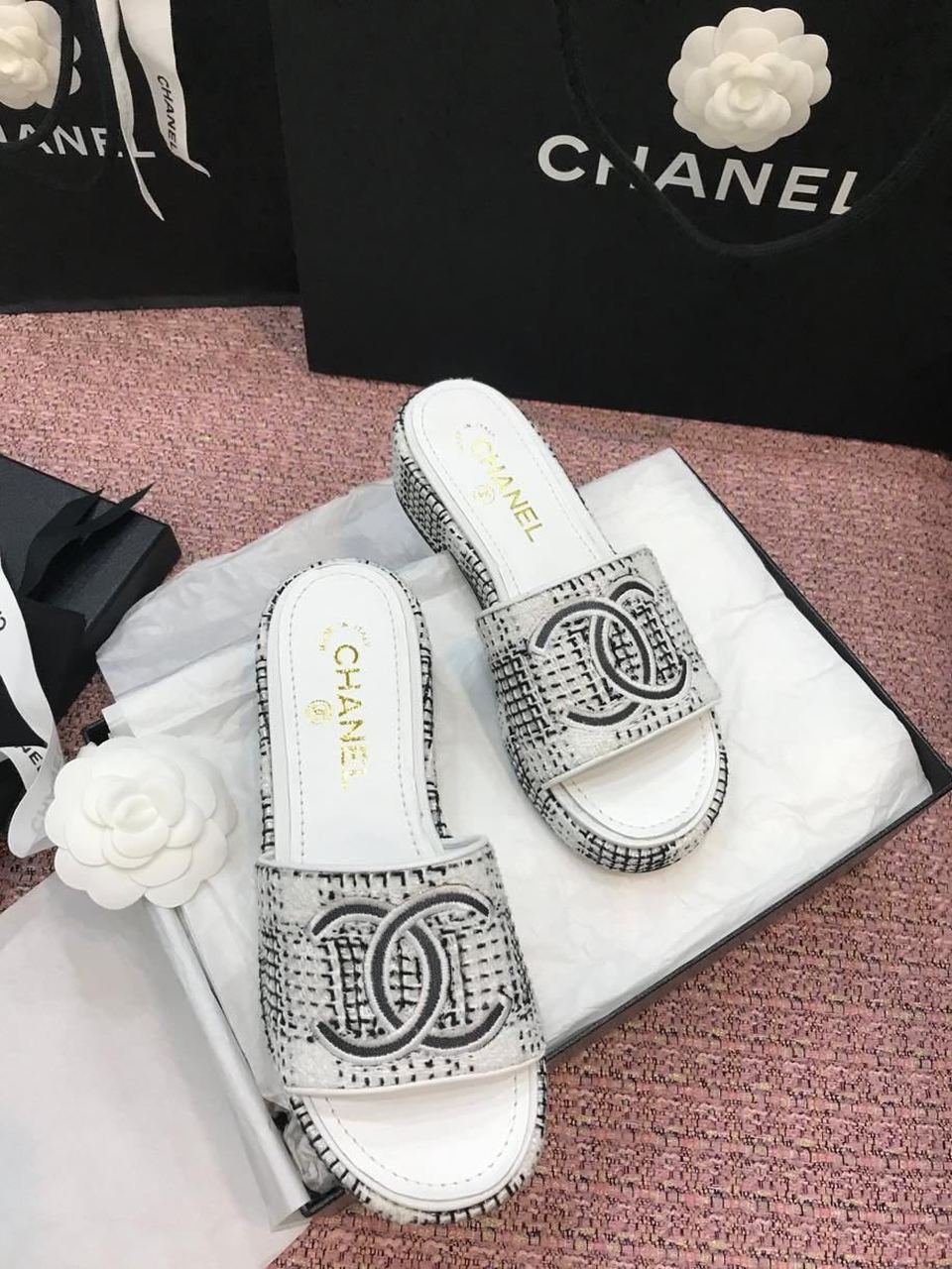 Chanel Tweed CC Logo Mule Sandals Calfskin Leather Spring/Summer Act 2 Collection, White/Gray