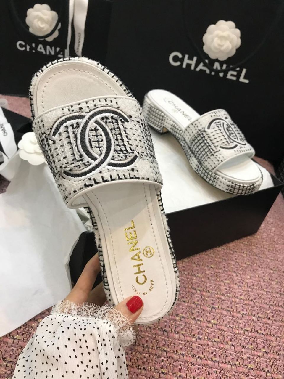 Chanel Tweed CC Logo Mule Sandals Calfskin Leather Spring/Summer Act 2 Collection, White/Gray