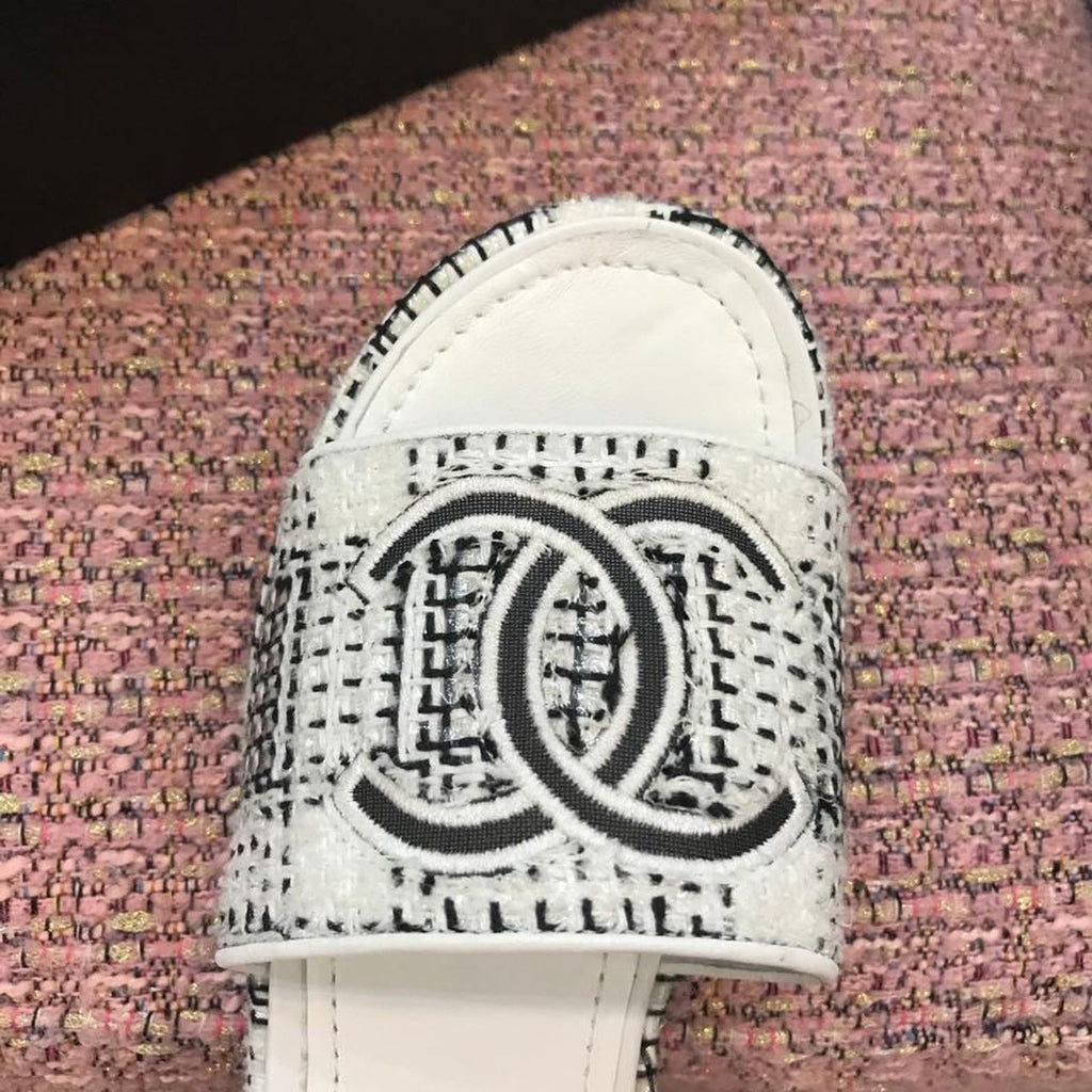 Chanel Tweed CC Logo Mule Sandals Calfskin Leather Spring/Summer Act 2 Collection, White/Gray