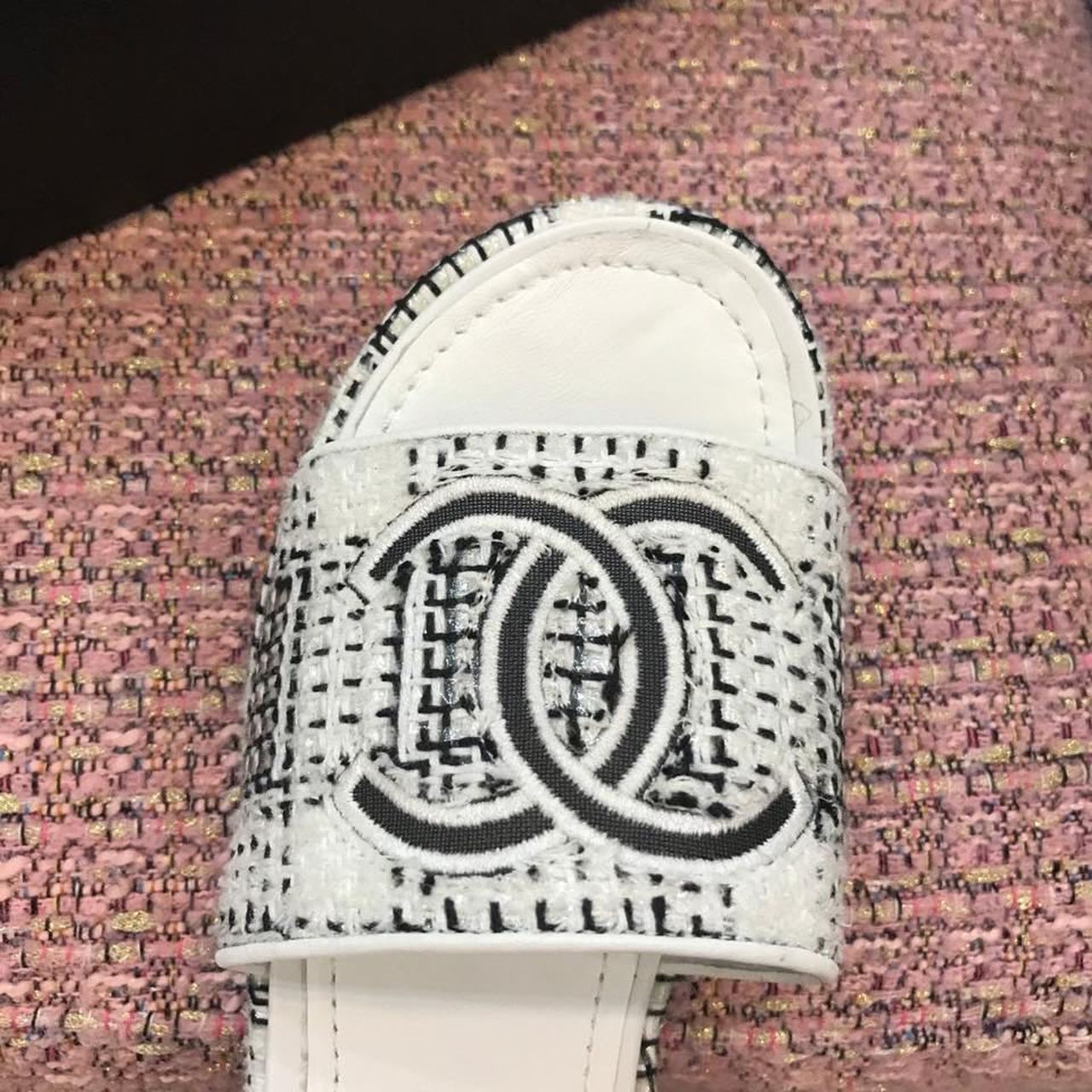 Chanel Tweed CC Logo Mule Sandals Calfskin Leather Spring/Summer Act 2 Collection, White/Gray