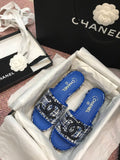 Chanel Tweed CC Logo Mule Sandals Calfskin Leather Spring/Summer Act 2 Collection, Electric Blue