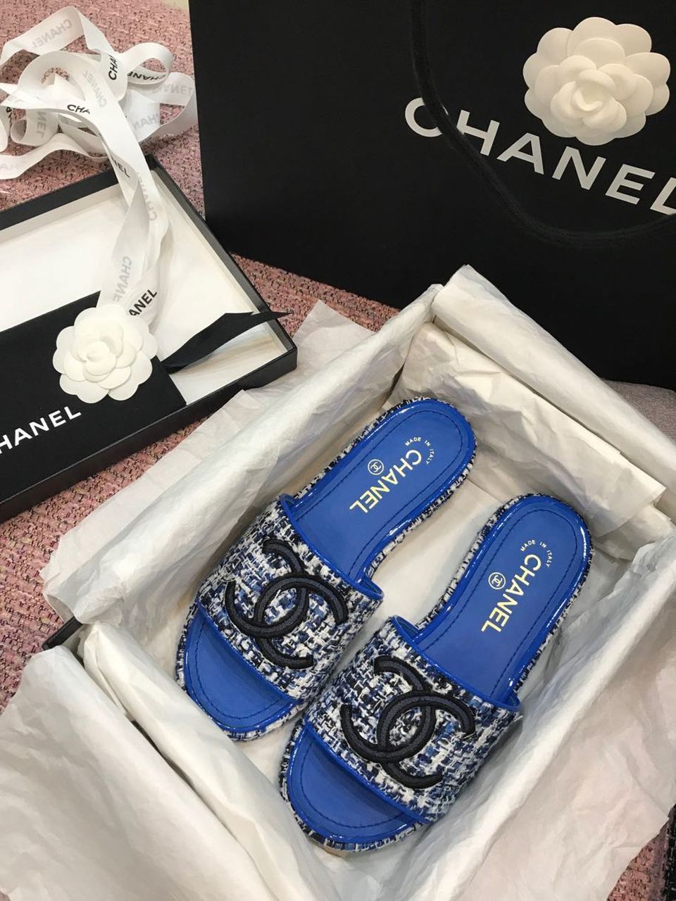 Chanel Tweed CC Logo Mule Sandals Calfskin Leather Spring/Summer Act 2 Collection, Electric Blue