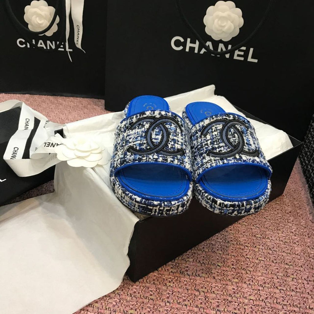 Chanel Tweed CC Logo Mule Sandals Calfskin Leather Spring/Summer Act 2 Collection, Electric Blue