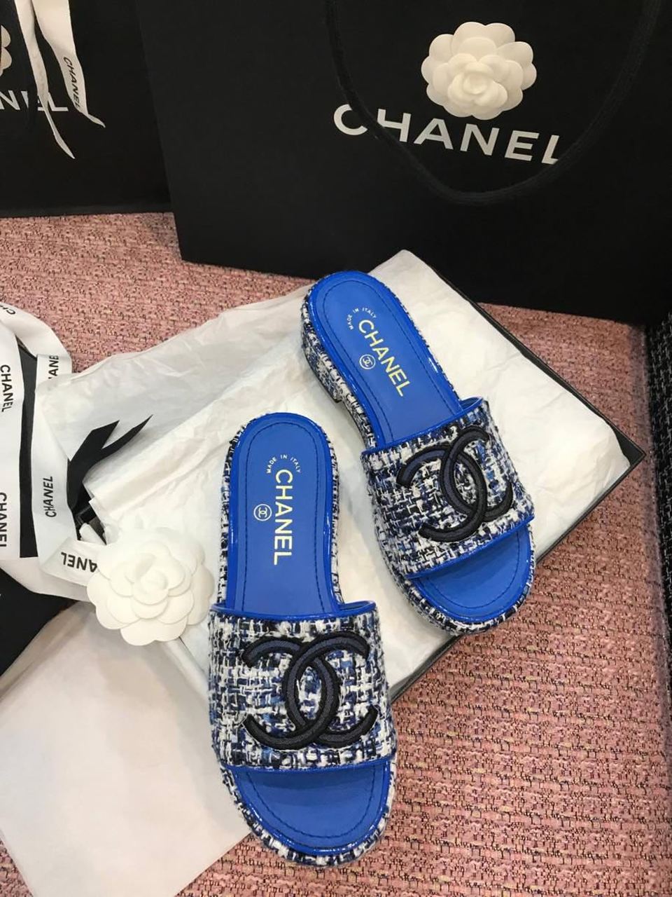 Chanel Tweed CC Logo Mule Sandals Calfskin Leather Spring/Summer Act 2 Collection, Electric Blue