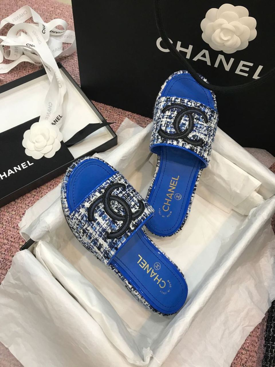 Chanel Tweed CC Logo Mule Sandals Calfskin Leather Spring/Summer Act 2 Collection, Electric Blue