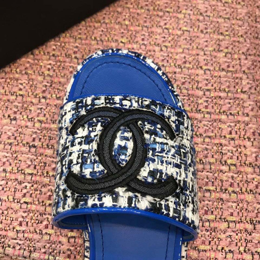 Chanel Tweed CC Logo Mule Sandals Calfskin Leather Spring/Summer Act 2 Collection, Electric Blue