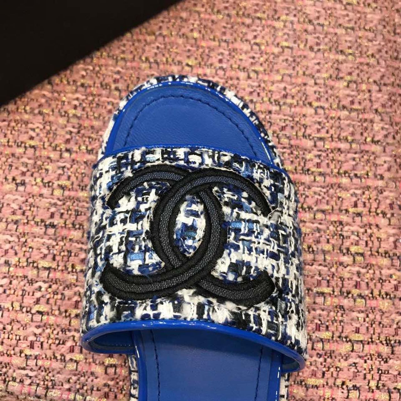 Chanel Tweed CC Logo Mule Sandals Calfskin Leather Spring/Summer Act 2 Collection, Electric Blue