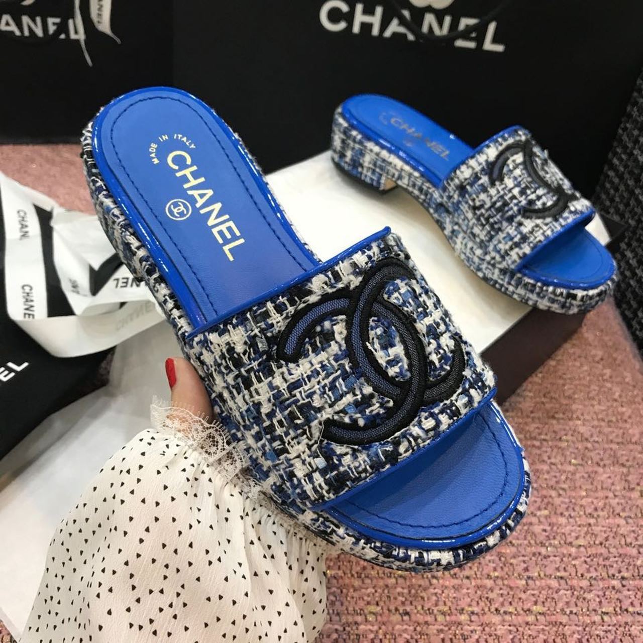Chanel Tweed CC Logo Mule Sandals Calfskin Leather Spring/Summer Act 2 Collection, Electric Blue