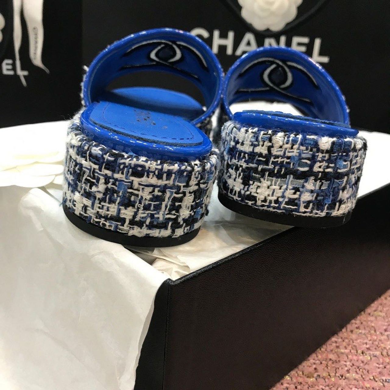 Chanel Tweed CC Logo Mule Sandals Calfskin Leather Spring/Summer Act 2 Collection, Electric Blue