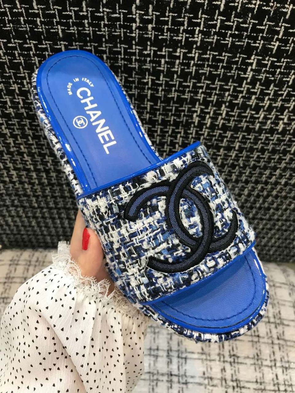 Chanel Tweed CC Logo Mule Sandals Calfskin Leather Spring/Summer Act 2 Collection, Electric Blue