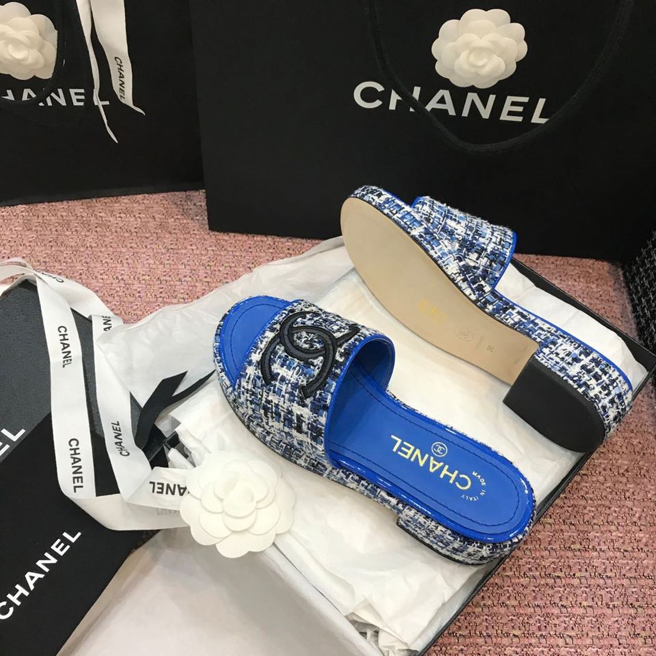 Chanel Tweed CC Logo Mule Sandals Calfskin Leather Spring/Summer Act 2 Collection, Electric Blue