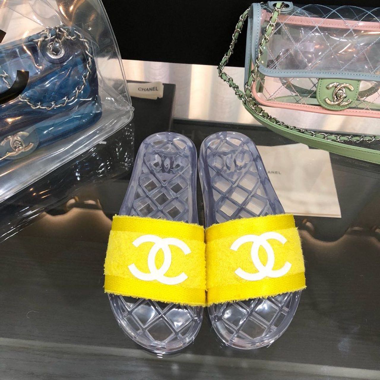 Chanel Fabric Transparent CC Logo PVC Pool Mules/Slides Spring/Summer Collection Yellow