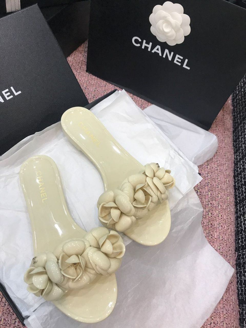 Chanel Camelia Flower PVC Jelly Sandals Spring/Summer Collection Beige