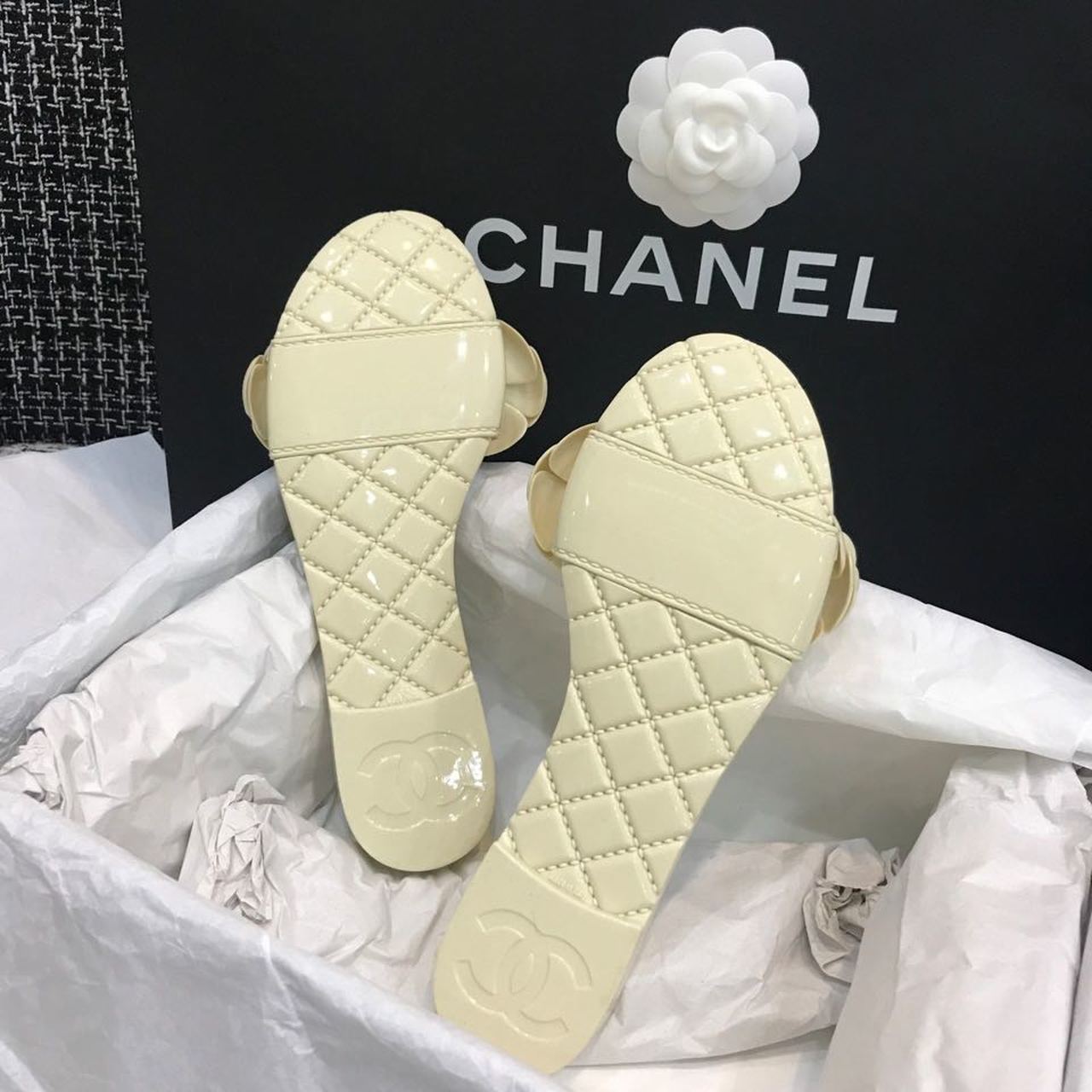 Chanel Camelia Flower PVC Jelly Sandals Spring/Summer Collection Beige