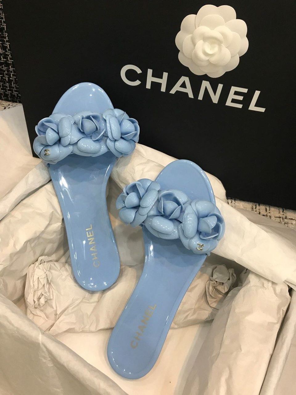 Chanel Camelia Flower PVC Jelly Sandals Spring/Summer Collection Light Blue