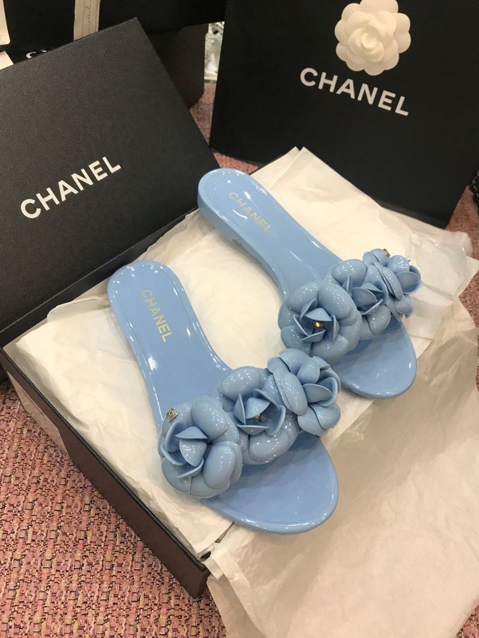 Chanel Camelia Flower PVC Jelly Sandals Spring/Summer Collection Light Blue