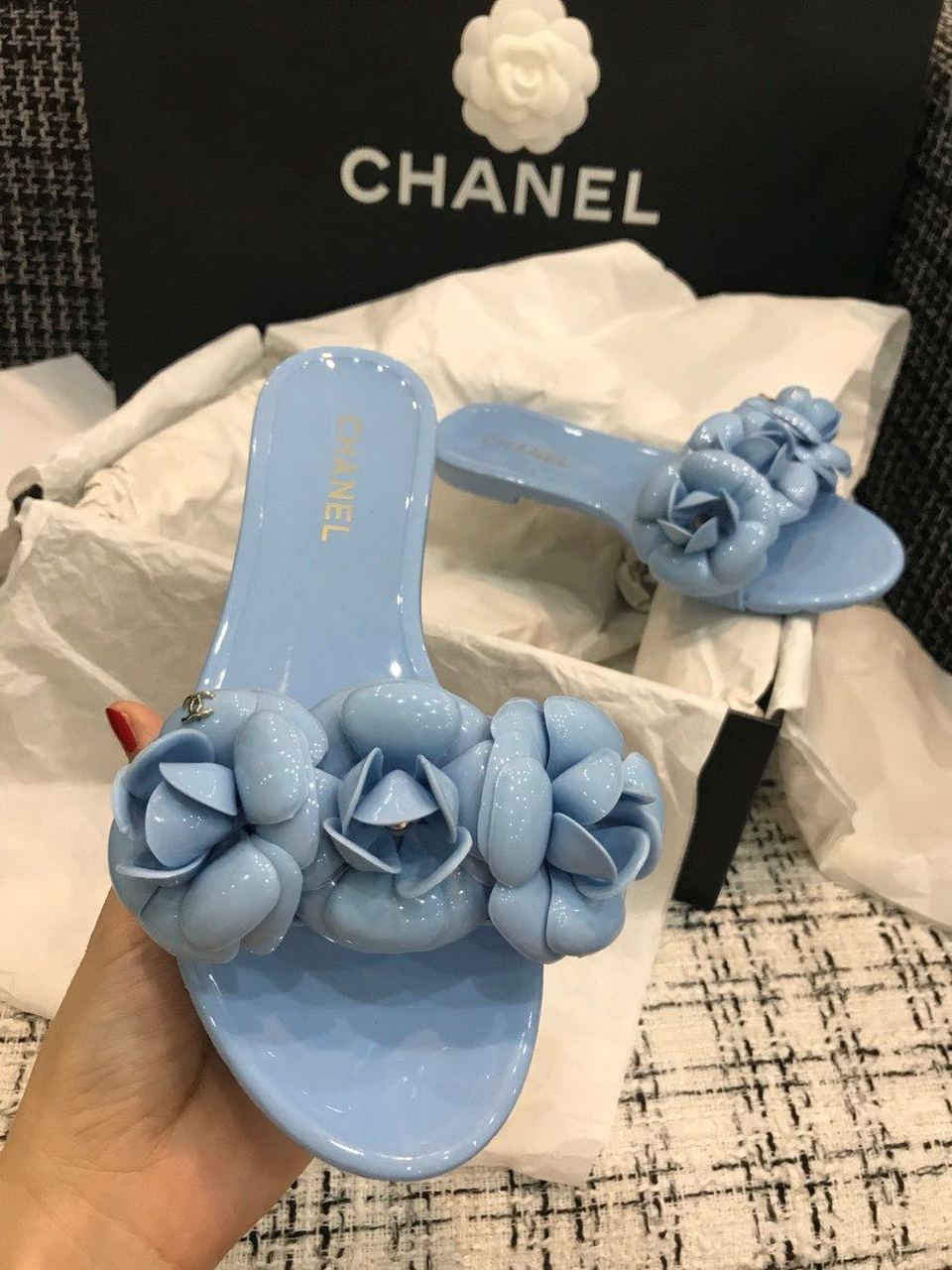 Chanel Camelia Flower PVC Jelly Sandals Spring/Summer Collection Light Blue