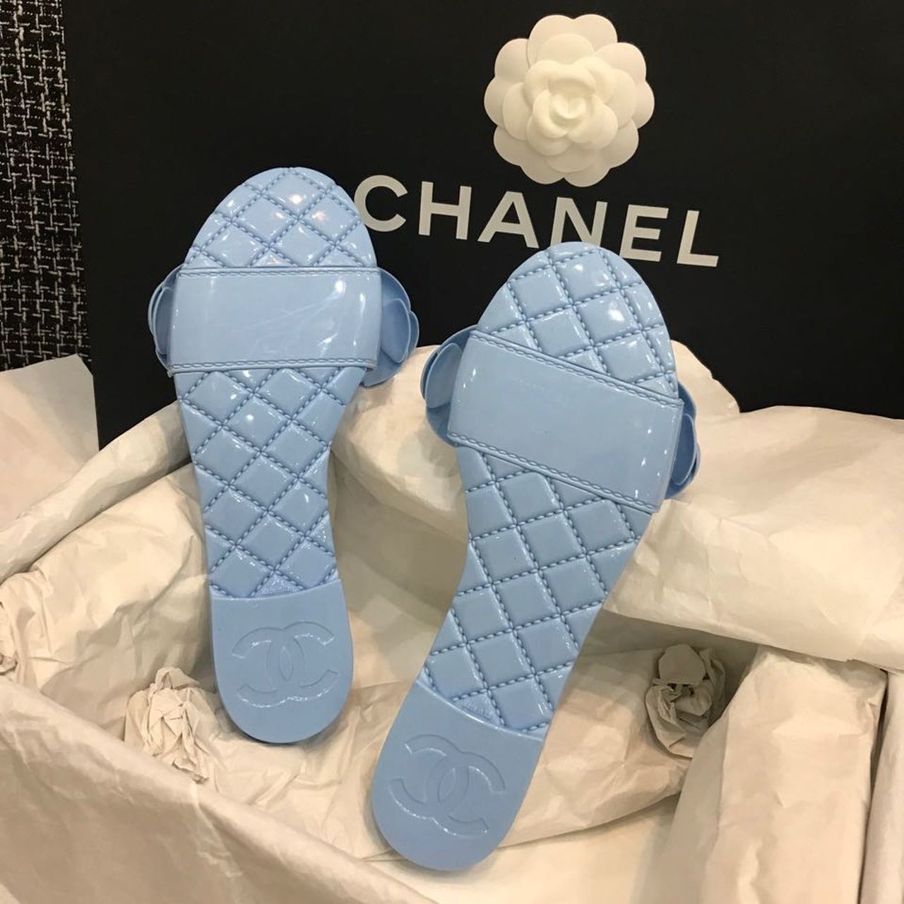 Chanel Camelia Flower PVC Jelly Sandals Spring/Summer Collection Light Blue