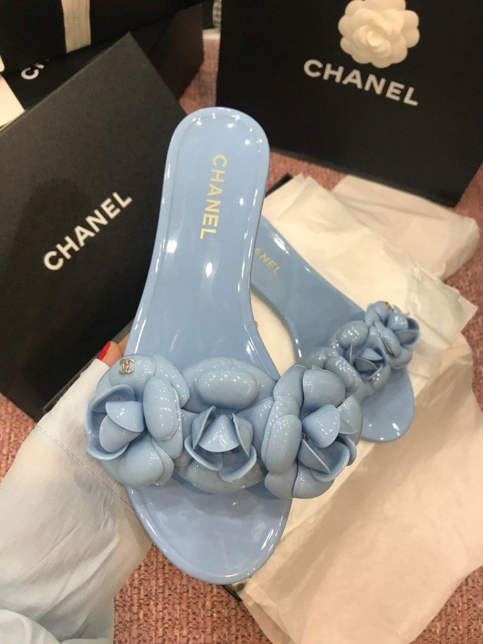 Chanel Camelia Flower PVC Jelly Sandals Spring/Summer Collection Light Blue