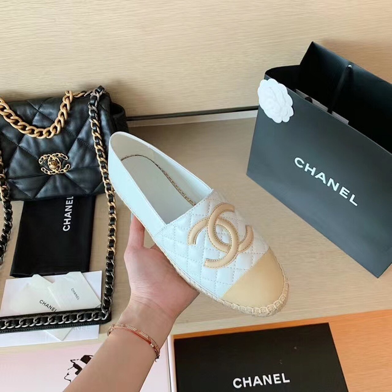 Chanel Quilted Espadrilles Lambskin Leather Spring/Summer Collection, White/Beige