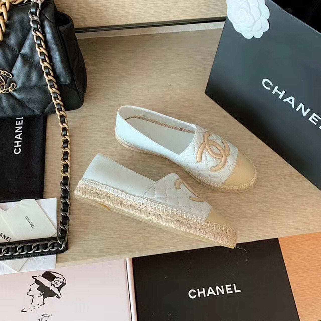 Chanel Quilted Espadrilles Lambskin Leather Spring/Summer Collection, White/Beige