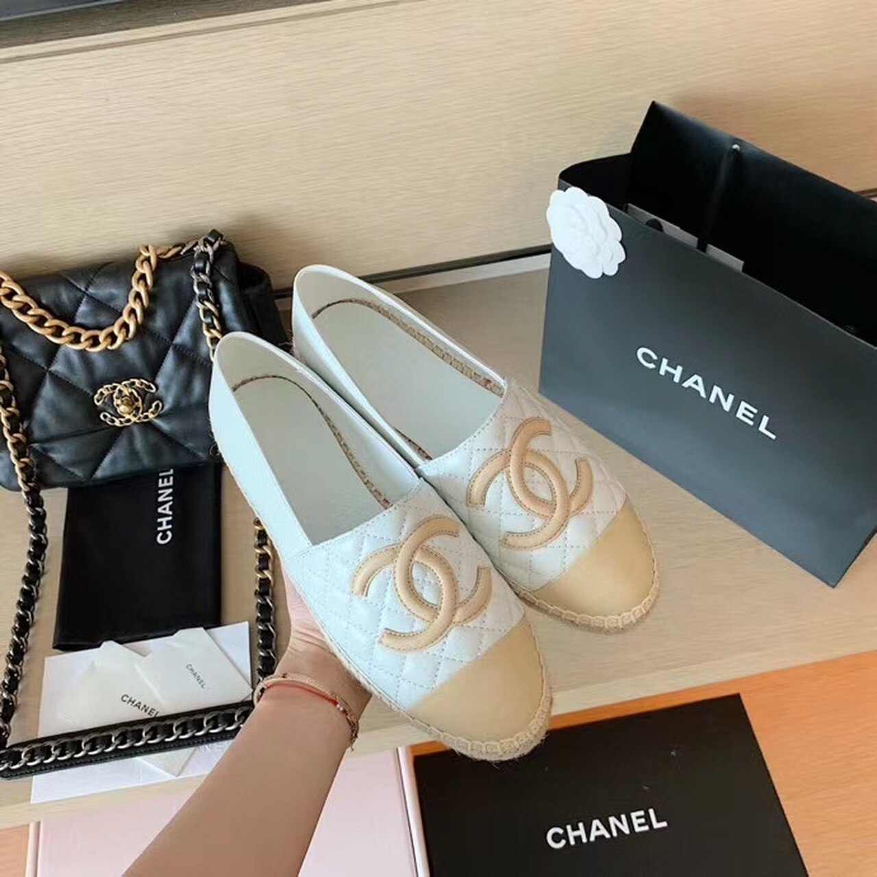 Chanel Quilted Espadrilles Lambskin Leather Spring/Summer Collection, White/Beige
