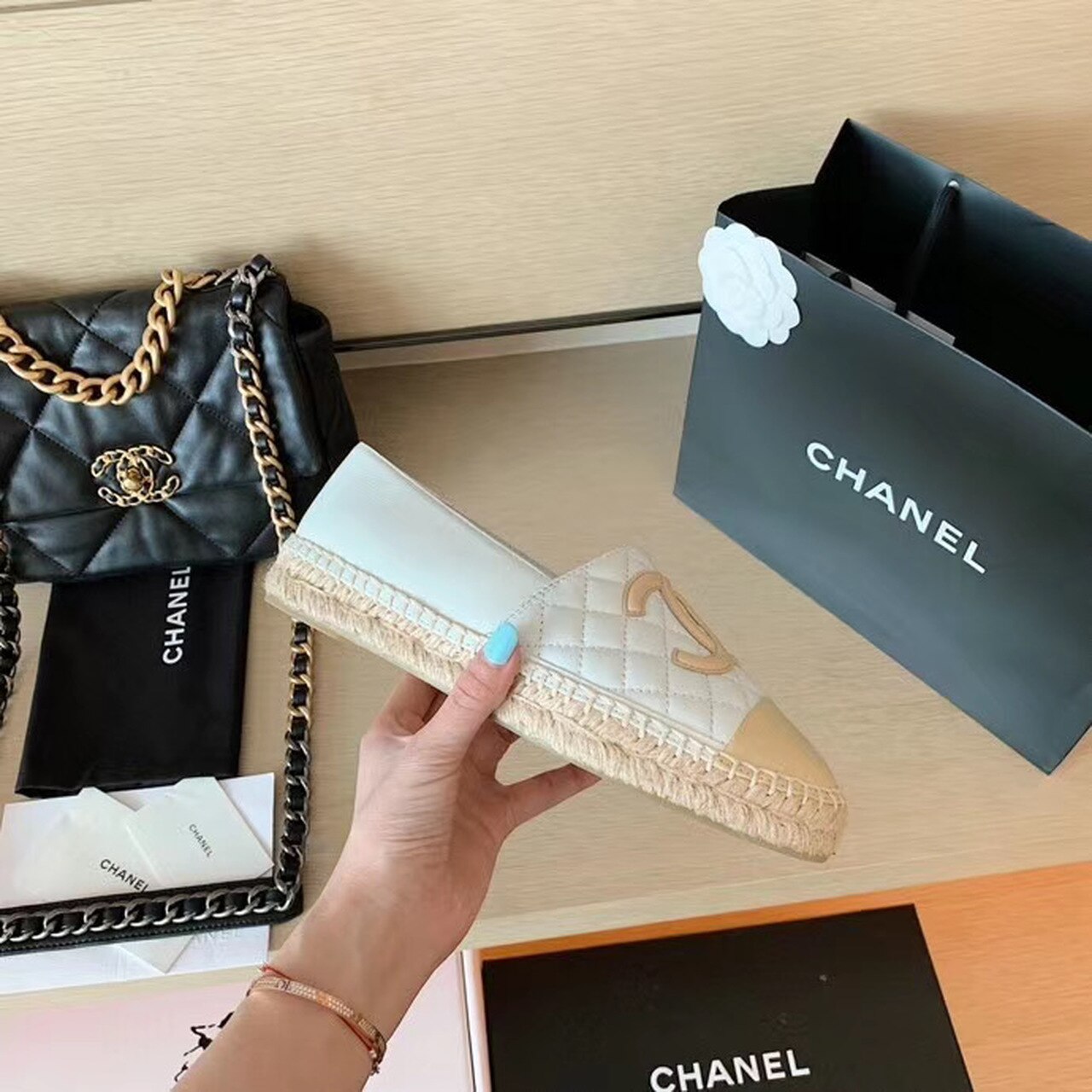 Chanel Quilted Espadrilles Lambskin Leather Spring/Summer Collection, White/Beige
