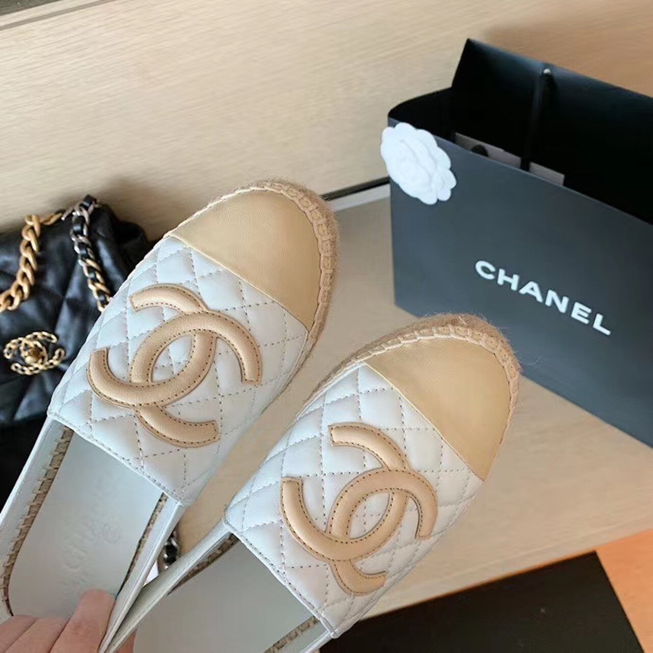 Chanel Quilted Espadrilles Lambskin Leather Spring/Summer Collection, White/Beige
