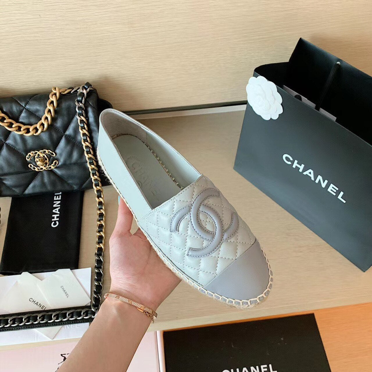 Chanel Quilted Espadrilles Lambskin Leather Spring/Summer Collection Light Grey/Dark Grey