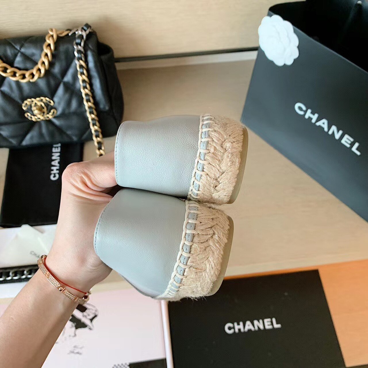 Chanel Quilted Espadrilles Lambskin Leather Spring/Summer Collection Light Grey/Dark Grey