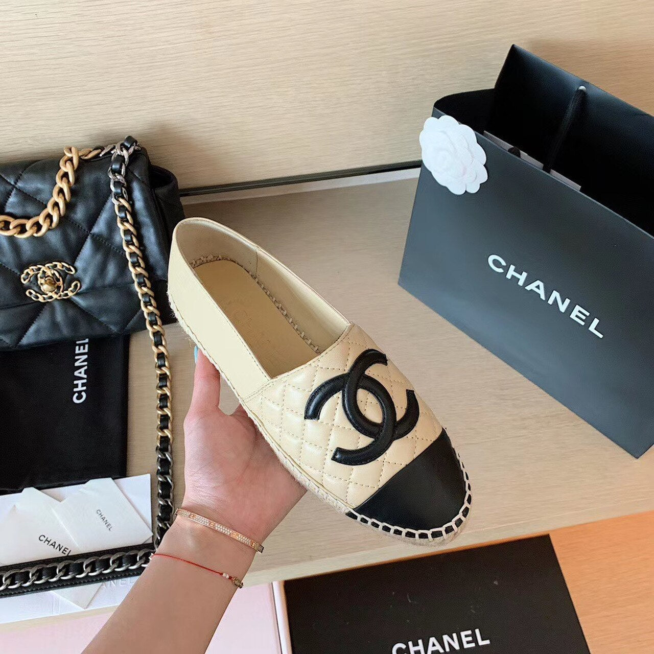 Chanel Quilted Espadrilles Lambskin Leather Spring/Summer Collection, Beige/Black