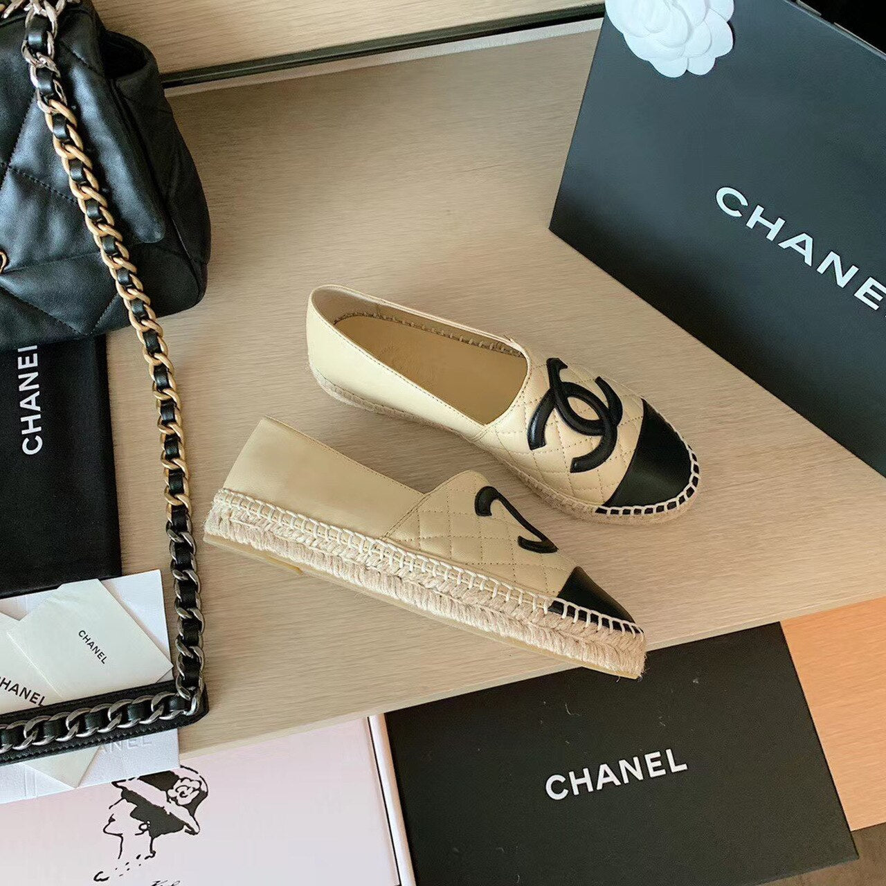 Chanel Quilted Espadrilles Lambskin Leather Spring/Summer Collection, Beige/Black
