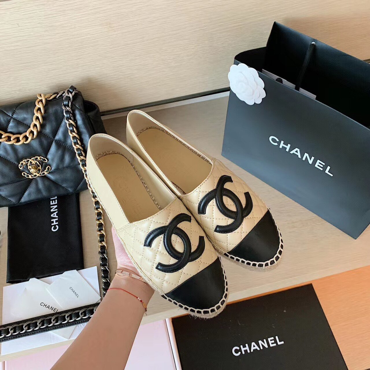 Chanel Quilted Espadrilles Lambskin Leather Spring/Summer Collection, Beige/Black