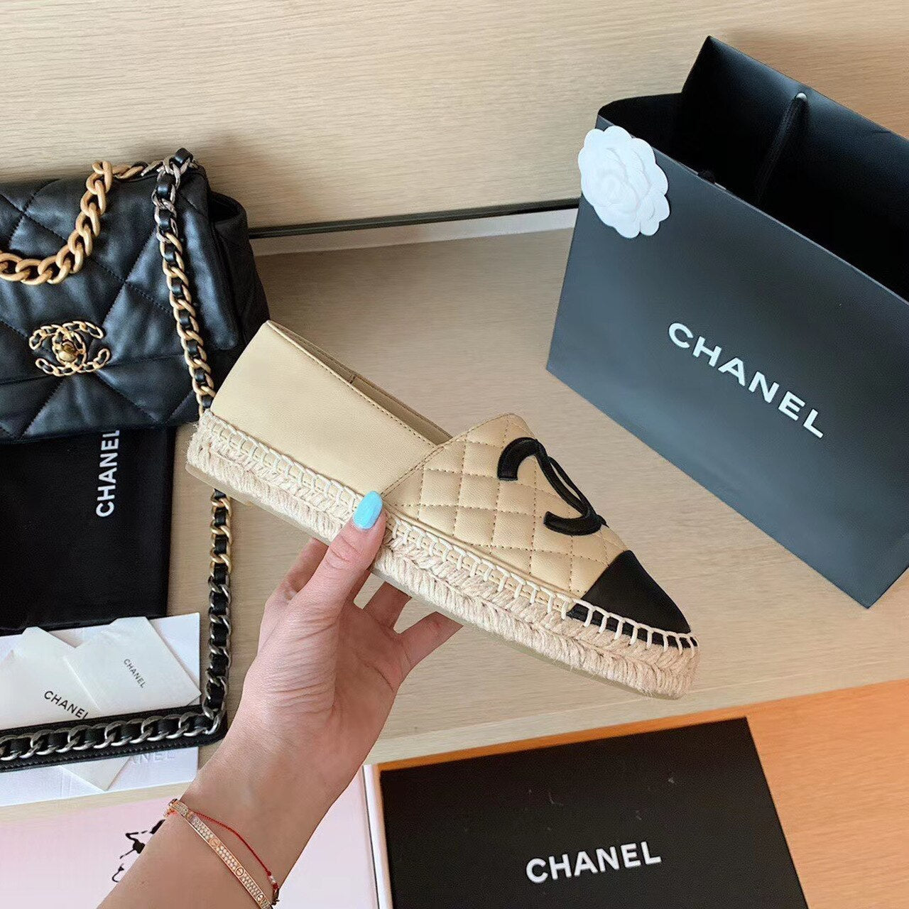 Chanel Quilted Espadrilles Lambskin Leather Spring/Summer Collection, Beige/Black