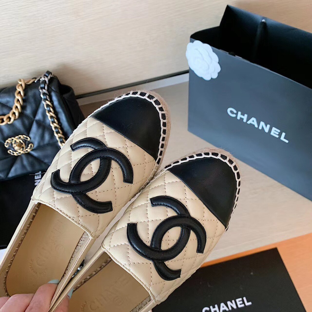 Chanel Quilted Espadrilles Lambskin Leather Spring/Summer Collection, Beige/Black
